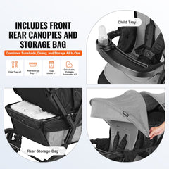 Dark gray foldable lightweight tandem double stroller with front and rear canopies, child tray, cup holder, and storage bag.