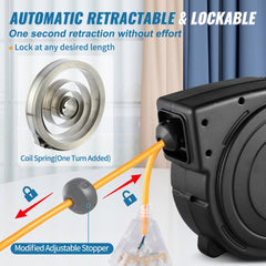 50ft retractable extension cord reel with triple outlet, auto-rewind, and lockable features.