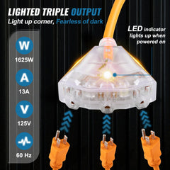 50ft retractable extension cord reel with triple grounded outlets and LED indicators.