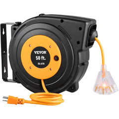 Black 50ft retractable extension cord reel with orange cord and triple outlet.