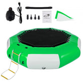Green and white 10FT inflatable water trampoline with a nylon mat and bungee cord design.