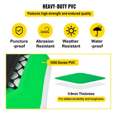 Green and white 10FT inflatable water trampoline with a nylon mat and bungee cords.