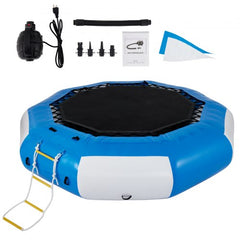 13ft blue inflatable water trampoline with PVC frame, black mat, ladder, pump, and accessories.