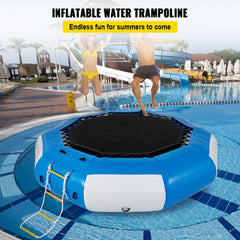 Blue 13ft inflatable water trampoline with PVC frame, black jumping mat, and ladder in a pool.