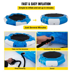 Blue and white 13ft inflatable water trampoline with black jumping mat and ladder attached.