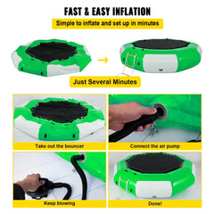 13ft green inflatable water trampoline showing fast inflation steps from deflated to setup with ladder.