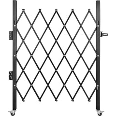 Black 48-inch high by 37-inch wide single folding steel security gate with accordion design and wheels.