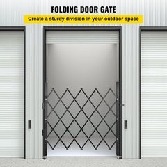 A black folding steel security gate, 5.1 feet high and 5.9 feet wide, installed in a warehouse doorway.