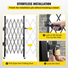 Folding steel security gate showing effortless installation steps: pull open, fix to wall, and lock.