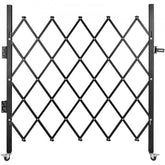 Black steel folding security gate 48 inches high and 66 inches wide with wheels and lock hasps