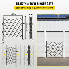 Black steel folding security gate 48 inches high by 66 inches wide with wheels and expandable width.