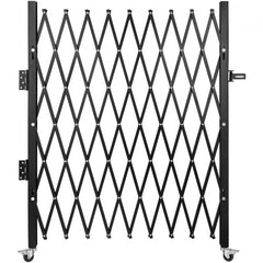 Black 50-inch high folding steel security gate, 75 inches wide when expanded, on swivel casters.