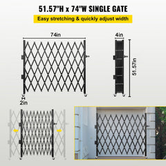 Black 50-inch high by 75-inch wide single folding steel security gate with adjustable width and casters.