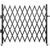 Black steel accordion security gate, 7.1'x7.9', with 360° rolling wheels and padlock.