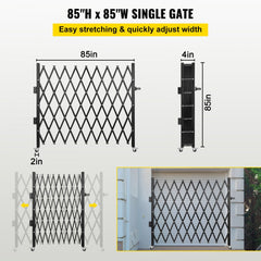 Black steel accordion security gate with adjustable width and integrated locking system.