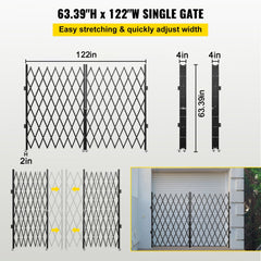 Double folding steel security gate, 5.1ft high by 10.2ft wide, expandable accordion design.