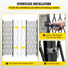 Diagram showing installation of a double folding steel security gate: pull open, fix to wall, and lock the door.