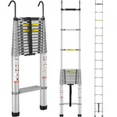 Aluminum telescoping ladder, 18.5 ft tall, 400 lbs capacity, with anti-slip and anti-wobble features.