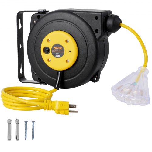 Bostome 30FT retractable extension cord reel with 16AWG/3C SJTOW cable and three outlets.