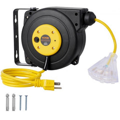 Bostome 30FT retractable extension cord reel with 16AWG/3C SJTOW cable and three outlets.