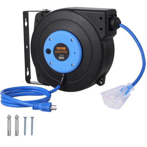 Black retractable extension cord reel with 30 ft blue SJTOW cord and three outlets, wall-mounted.