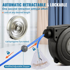 30ft retractable extension cord reel with 3-outlet socket, auto-rewind, and lockable feature.