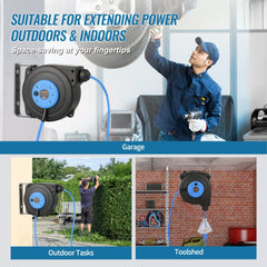 A 30-foot retractable extension cord reel with blue cord, mounted on wall or ceiling, shown in garage and outdoor use.