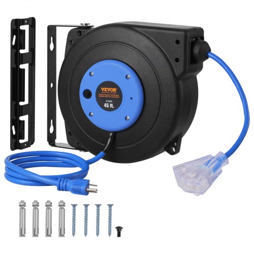 Bostome 45FT retractable extension cord reel with a heavy-duty 12AWG cable and 3 outlets.
