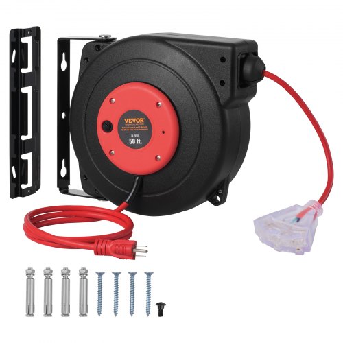 A 50-foot retractable extension cord reel with three outlets and heavy-duty cable.
