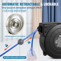 Black 50ft retractable extension cord reel with auto-retract mechanism, lockable at any length, and triple outlet.