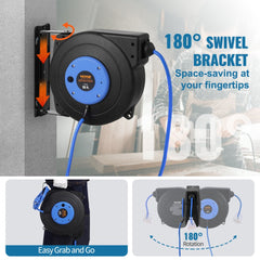 Bostome 50ft retractable extension cord reel with 14AWG/3C SJTOW cable, lighted triple outlet, and 180° swivel bracket.