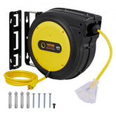 Bostome 65FT retractable extension cord reel with 12AWG/3C SJTOW cable, yellow cord, black housing, and mounting hardware.