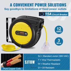 65-foot retractable extension cord reel with yellow 12AWG/3C SJTOW cable, 15A breaker, and triple outlet.