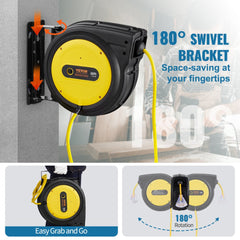 Bostome 65ft retractable extension cord reel with 12AWG/3C SJTOW cable, triple outlets, and 180-degree swivel bracket.