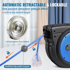 Bostome 65ft retractable extension cord reel with 12AWG/3C SJTOW cord, auto-lock, and triple outlet.