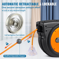 75ft retractable extension cord reel with black housing, orange cord, and lockable mechanism.