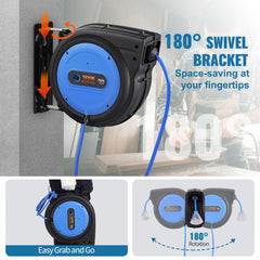 Bostome 75FT retractable extension cord reel with 14AWG/3C SJTOW cord, swivel bracket, and triple outlet.