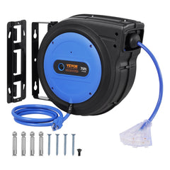 Black and blue 75ft retractable extension cord reel with mounting bracket and screws.