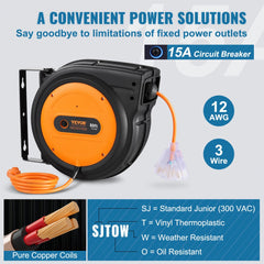 Orange 80ft retractable extension cord reel with 12AWG/3C SJTOW cable, 15A circuit breaker, and triple outlet.