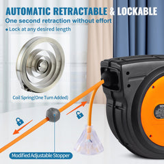 80-foot retractable extension cord reel with black housing, orange cord, and triple outlet.