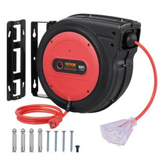 Retractable extension cord reel with 80ft heavy-duty cable and 3 outlets for easy access.