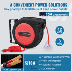 Bostome 80FT retractable extension cord reel with heavy-duty cable and lighted 3-outlet socket.