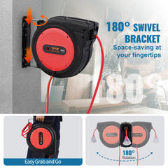 Bostome 80FT retractable extension cord reel with heavy-duty 12AWG cable and lighted socket.