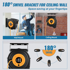 Black 45ft retractable extension cord reel with 180-degree swivel bracket for wall or ceiling mount.