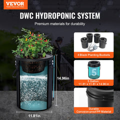 Black 5-gallon hydroponic bucket with top drip system and air pump for plant growth