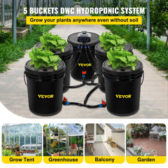 5-gallon hydroponic system with 5 buckets, air pump, and planting baskets for soil-free gardening.