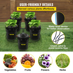 Five-bucket hydroponic system with 5-gallon buckets and an 8W air pump for efficient gardening.