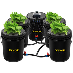 Bostome 5-gallon DWC hydroponic system with 5 buckets, air pump, and planting baskets.