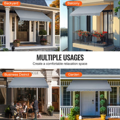 Gray retractable patio awning measuring 138x47 inches with a manual crank handle.