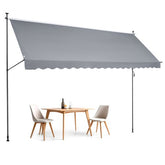 Gray retractable patio awning, 178x47 inches, extended over wooden table and chairs with crank handle.